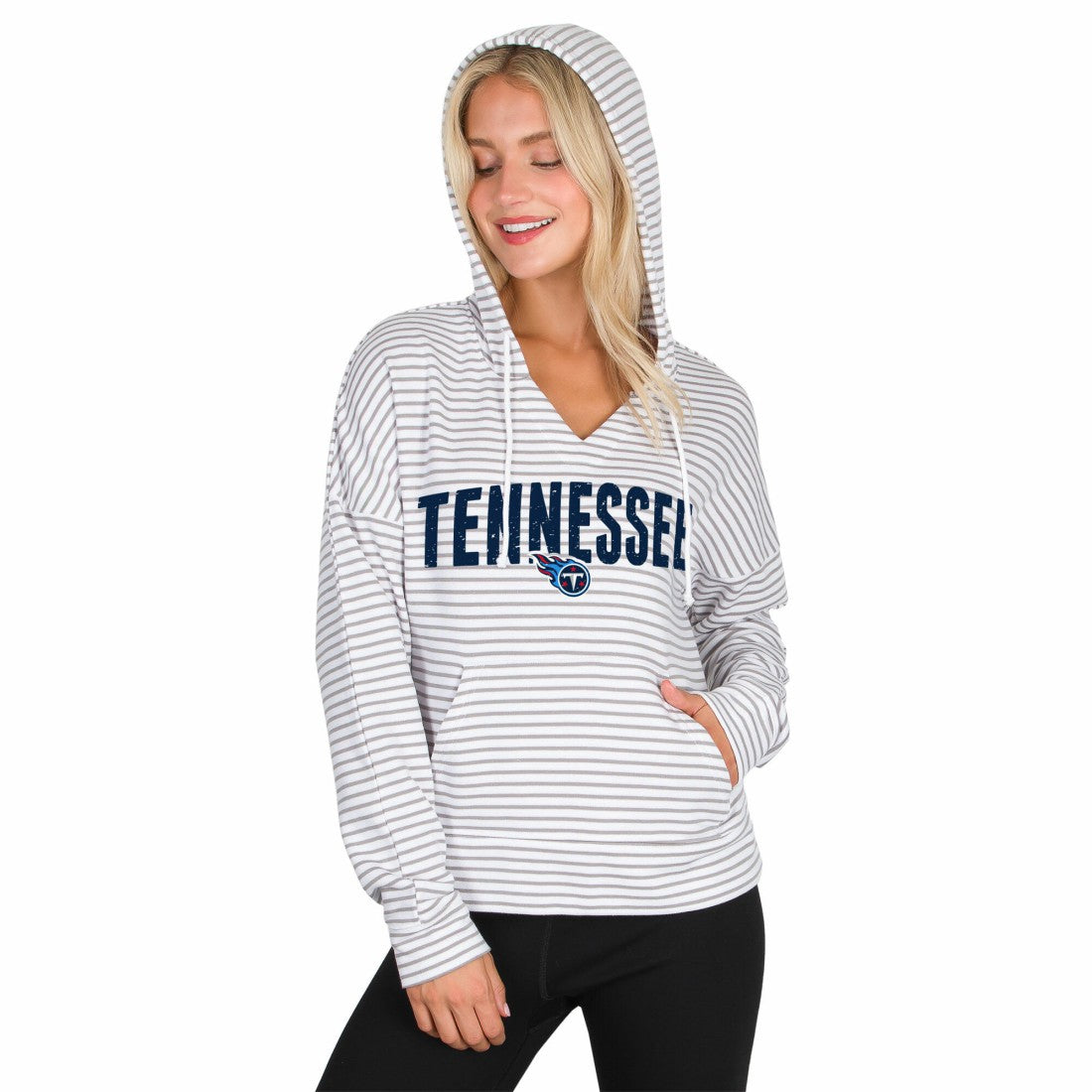 Concepts Sport Women's Liftoff Striped V-Neck Hoodie - Tennessee Titans Hoodies