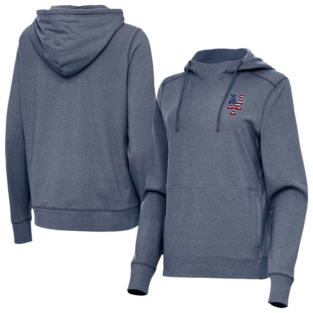 Heather Navy New York Mets Antigua Women's Justice Stars and Stripes Team Logo Pullover Hoodie