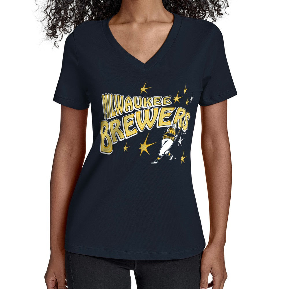Navy Milwaukee Brewers Starter Women's Fireworks V-Neck T-Shirt