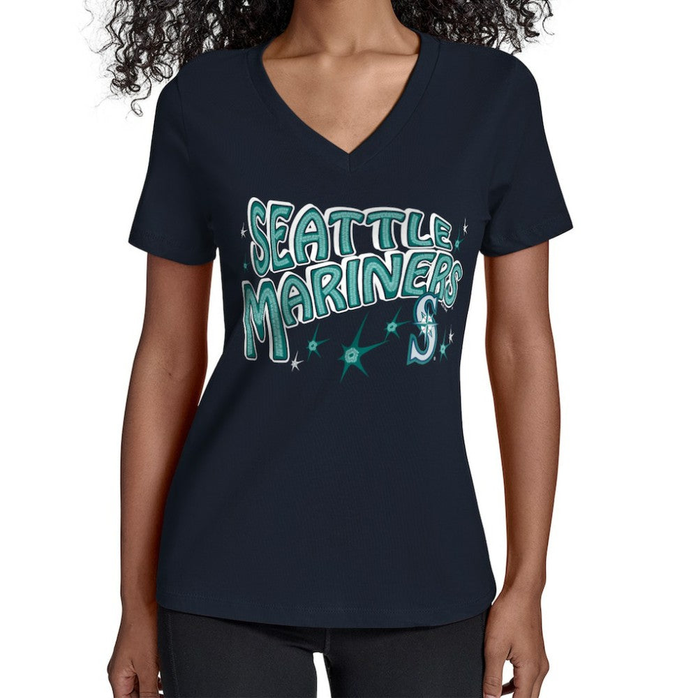 Navy Seattle Mariners Starter Women's Fireworks V-Neck T-Shirt