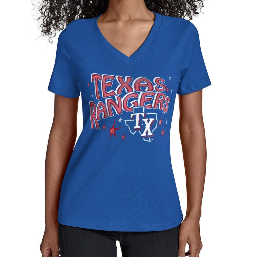Royal Texas Rangers Starter Women's Fireworks Team Name V-Neck T-Shirt