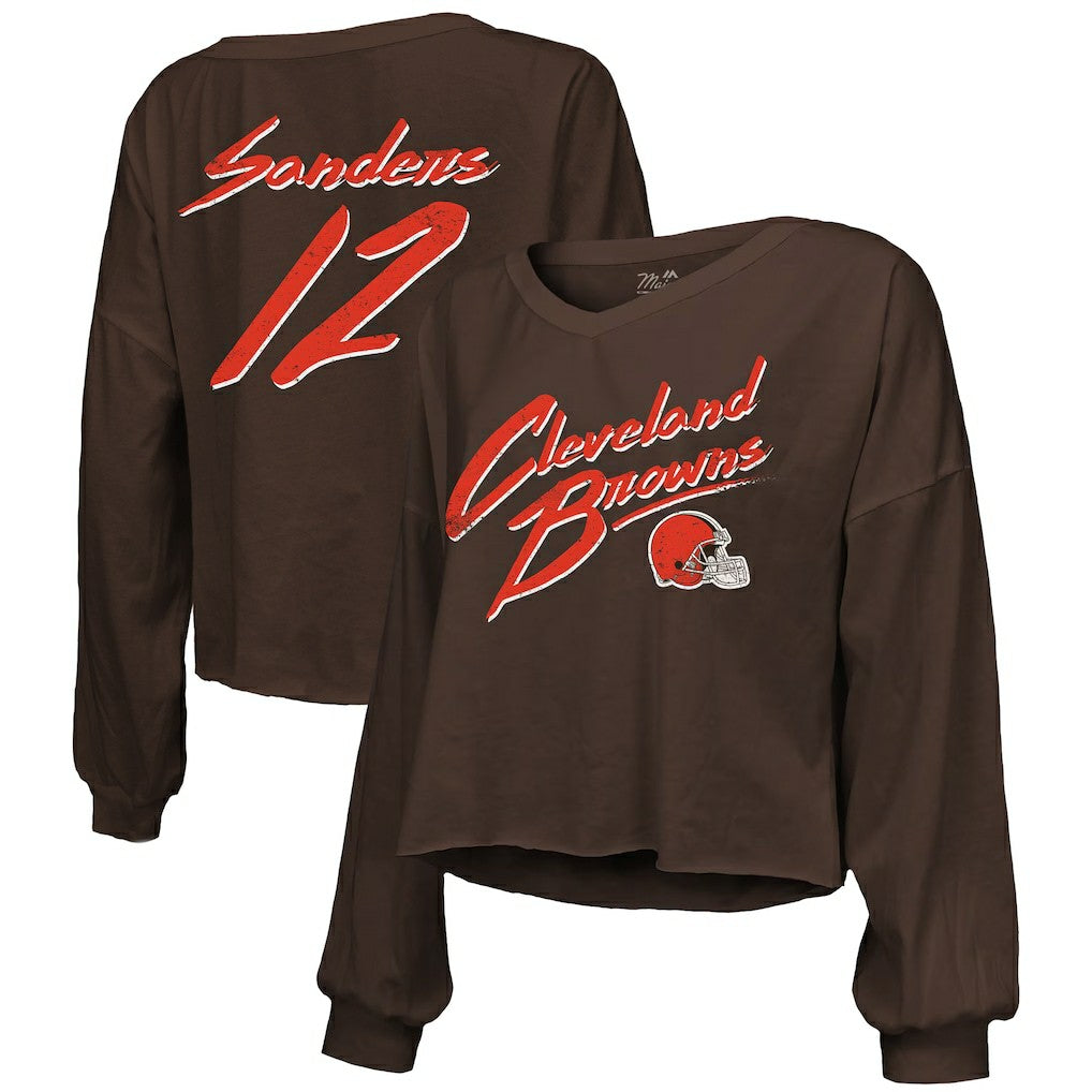 Shedeur Sanders  Majestic Threads Women's Name & Number Off-Shoulder Script Cropped Long Sleeve Relaxed V-Neck T-Shirt - Cleveland Browns T-shirts