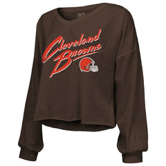 Shedeur Sanders  Majestic Threads Women's Name & Number Off-Shoulder Script Cropped Long Sleeve Relaxed V-Neck T-Shirt - Cleveland Browns T-shirts