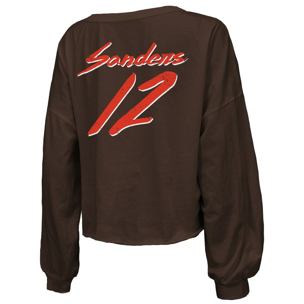 Shedeur Sanders  Majestic Threads Women's Name & Number Off-Shoulder Script Cropped Long Sleeve Relaxed V-Neck T-Shirt - Cleveland Browns T-shirts