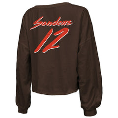 Shedeur Sanders  Majestic Threads Women's Name & Number Off-Shoulder Script Cropped Long Sleeve Relaxed V-Neck T-Shirt - Cleveland Browns T-shirts