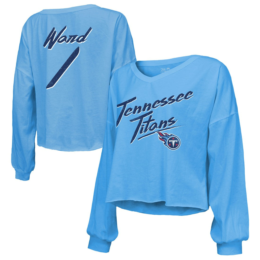 Cameron Ward  Majestic Threads Women's Name & Number Off-Shoulder Script Cropped Long Sleeve Relaxed V-Neck T-Shirt - Tennessee Titans T-shirts