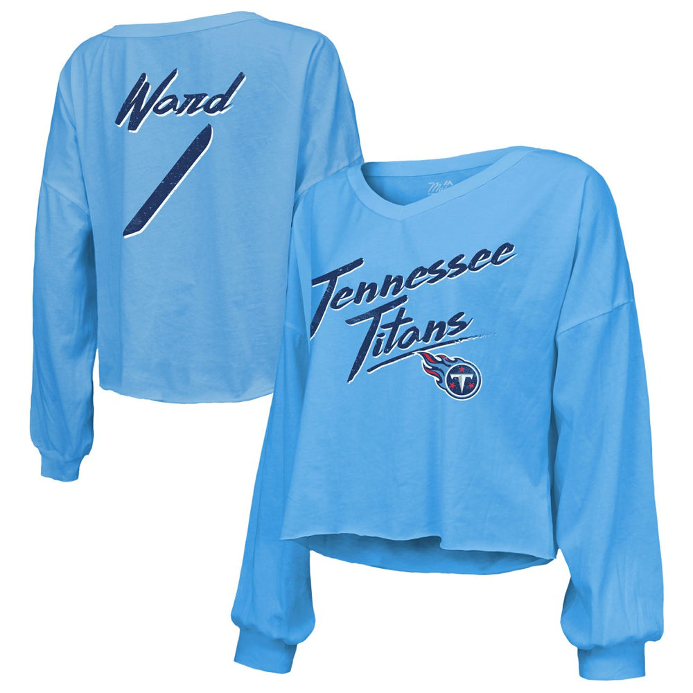 Cameron Ward  Majestic Threads Women's Name & Number Off-Shoulder Script Cropped Long Sleeve Relaxed V-Neck T-Shirt - Tennessee Titans T-shirts