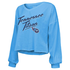 Cameron Ward  Majestic Threads Women's Name & Number Off-Shoulder Script Cropped Long Sleeve Relaxed V-Neck T-Shirt - Tennessee Titans T-shirts
