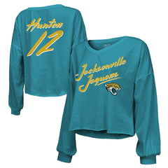 Travis Hunter  Majestic Threads Women's Name & Number Off-Shoulder Script Cropped Long Sleeve Relaxed V-Neck T-Shirt - Jacksonville Jaguars T-shirts