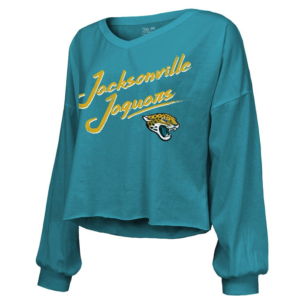 Travis Hunter  Majestic Threads Women's Name & Number Off-Shoulder Script Cropped Long Sleeve Relaxed V-Neck T-Shirt - Jacksonville Jaguars T-shirts