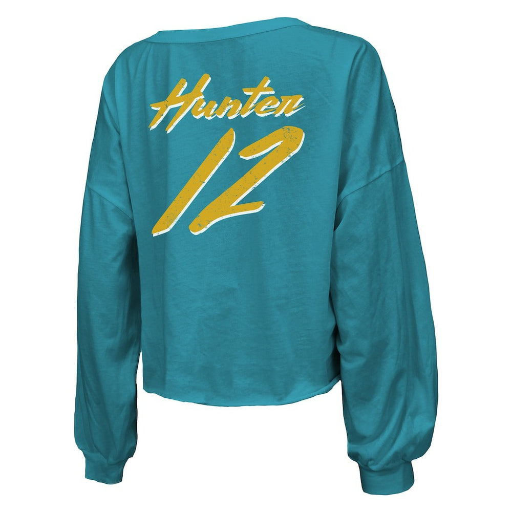 Travis Hunter  Majestic Threads Women's Name & Number Off-Shoulder Script Cropped Long Sleeve Relaxed V-Neck T-Shirt - Jacksonville Jaguars T-shirts