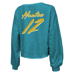 Travis Hunter  Majestic Threads Women's Name & Number Off-Shoulder Script Cropped Long Sleeve Relaxed V-Neck T-Shirt - Jacksonville Jaguars T-shirts