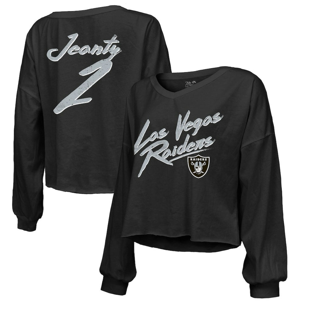 Ashton Jeanty  Majestic Threads Women's Name & Number Off-Shoulder Script Cropped Long Sleeve Relaxed V-Neck T-Shirt - Las Vegas Raiders T-shirts