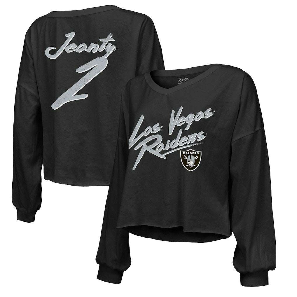 Ashton Jeanty  Majestic Threads Women's Name & Number Off-Shoulder Script Cropped Long Sleeve Relaxed V-Neck T-Shirt - Las Vegas Raiders T-shirts
