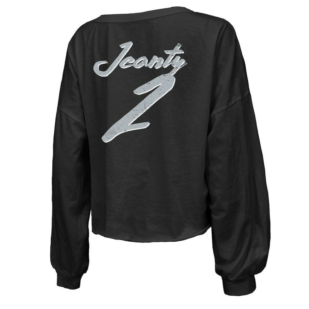 Ashton Jeanty  Majestic Threads Women's Name & Number Off-Shoulder Script Cropped Long Sleeve Relaxed V-Neck T-Shirt - Las Vegas Raiders T-shirts