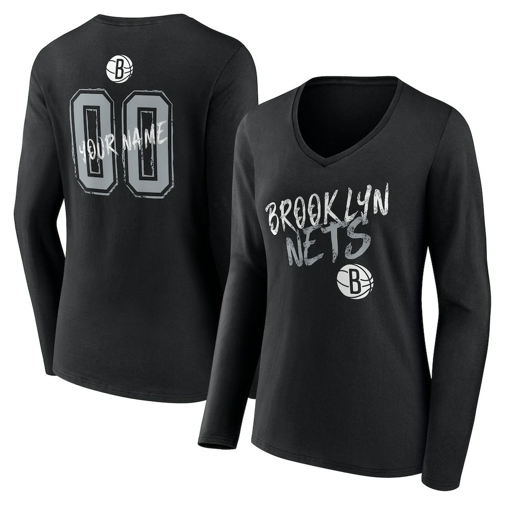 Brooklyn Nets Women's Hustle Custom Long Sleeve V-Neck T-Shirt