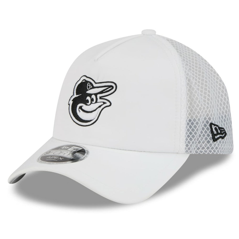 White Baltimore Orioles New Era 2026 Batting Practice Apex 9FORTY Adjustable Trucker Hat