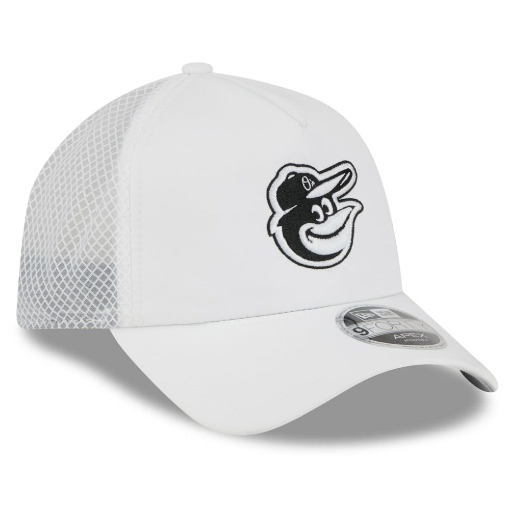 White Baltimore Orioles New Era 2026 Batting Practice Apex 9FORTY Adjustable Trucker Hat