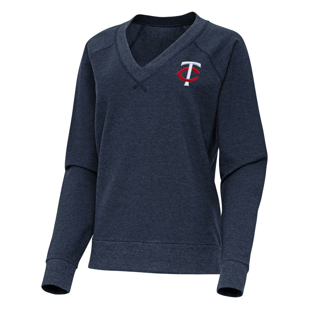 Heather Navy Minnesota Twins Antigua Women's Varsity Tri-Blend V-Neck Long Sleeve T-Shirt