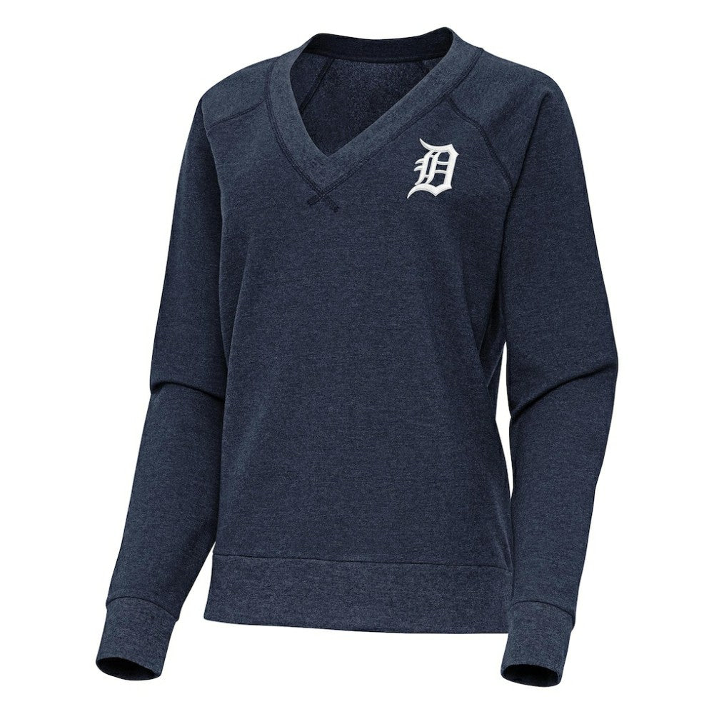 Heather Navy Detroit Tigers Antigua Women's Varsity Tri-Blend V-Neck Long Sleeve T-Shirt