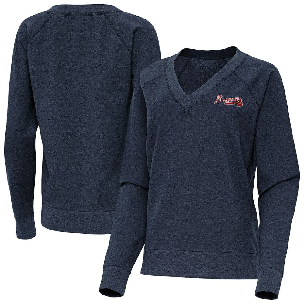 Heather Navy Atlanta Braves Antigua Women's Varsity Tri-Blend V-Neck Long Sleeve T-Shirt
