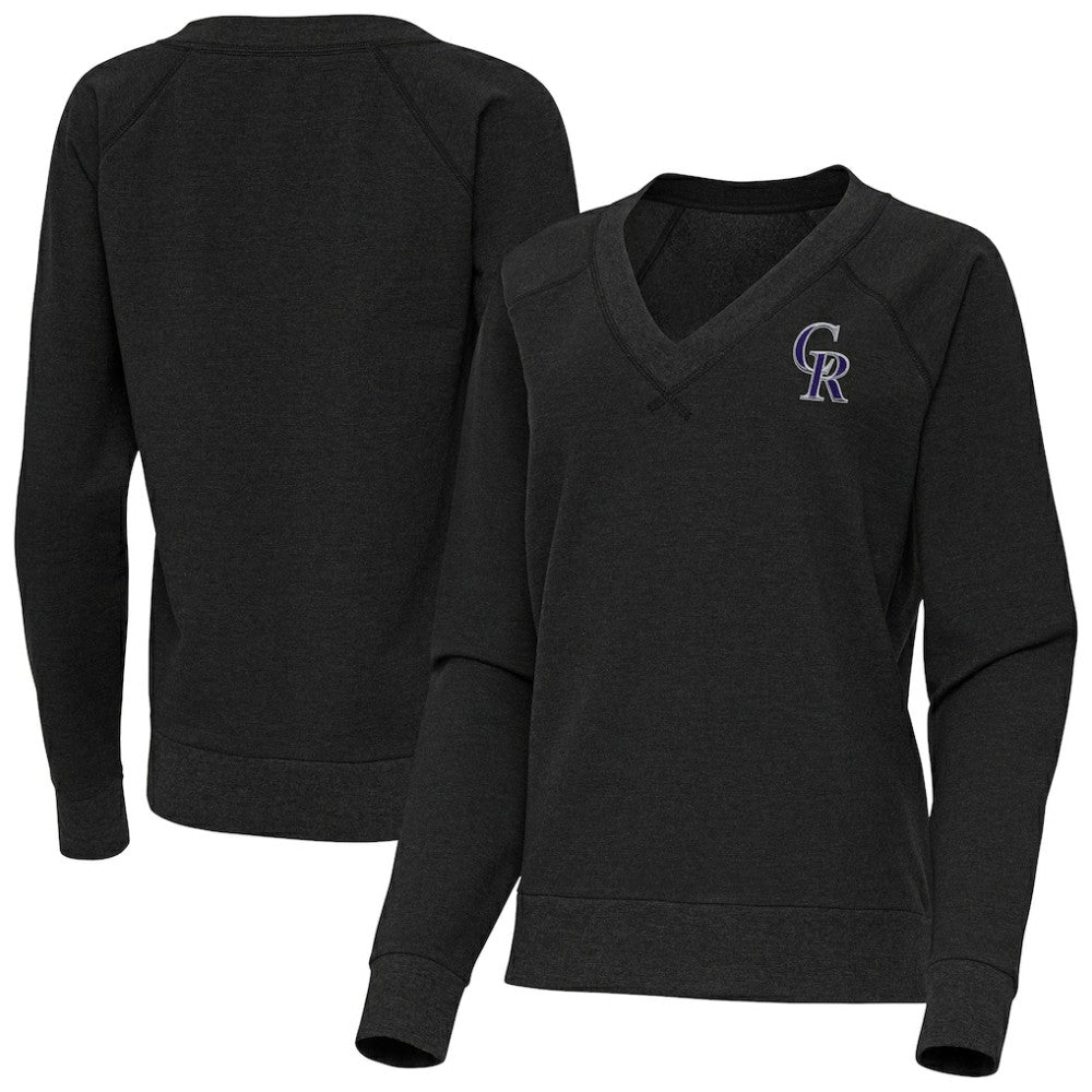 Heather Black Colorado Rockies Antigua Women's Varsity Tri-Blend V-Neck Long Sleeve T-Shirt