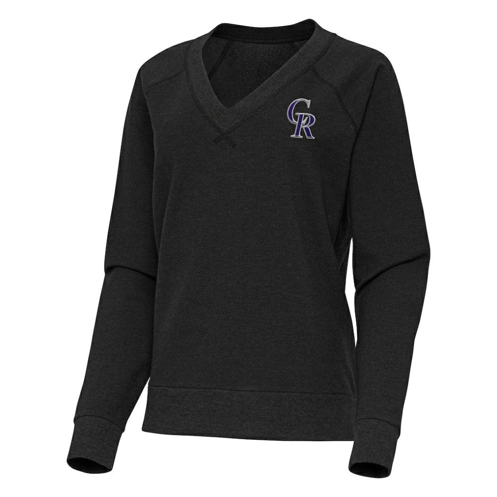Heather Black Colorado Rockies Antigua Women's Varsity Tri-Blend V-Neck Long Sleeve T-Shirt