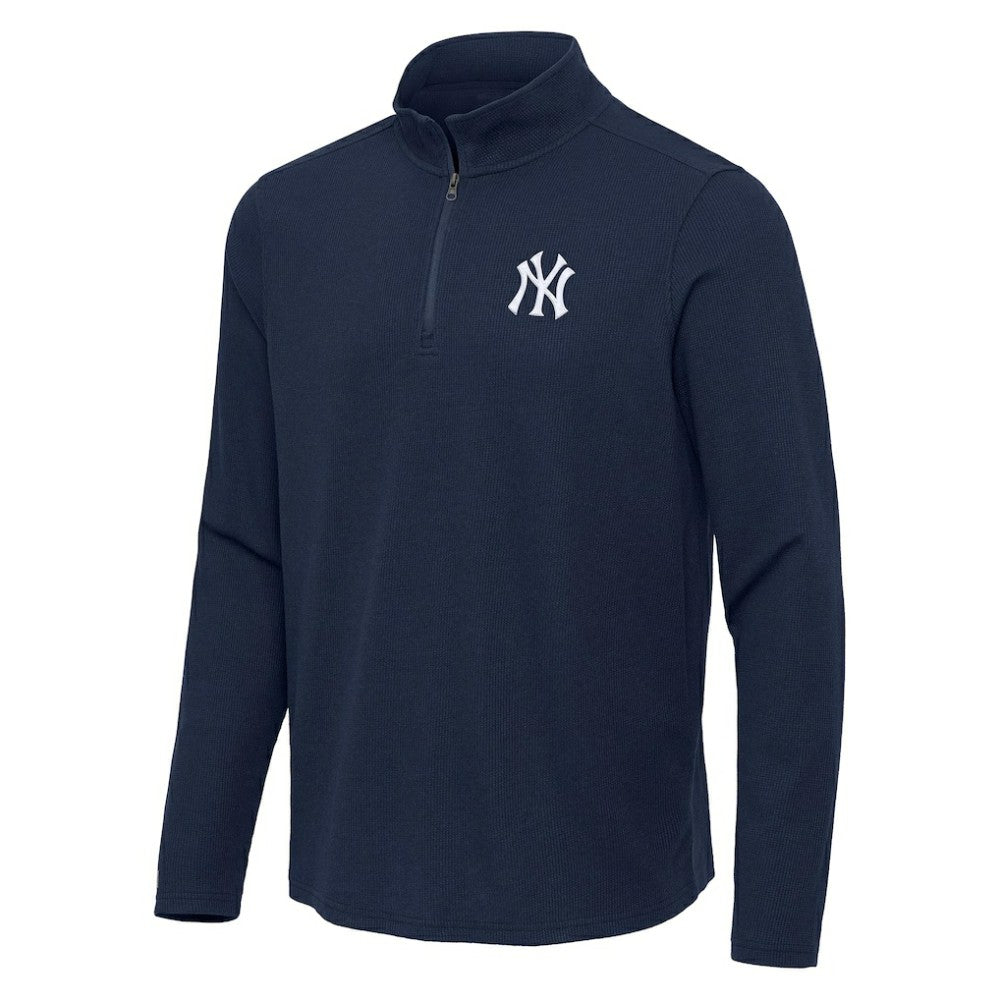 Heather Navy New York Yankees Antigua Sync Tri-Blend Quarter-Zip Pullover