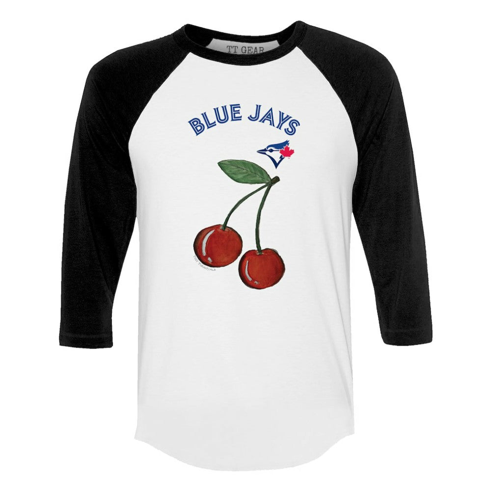 White Toronto Blue Jays Tiny Turnip Women's Cherries 3/4-Sleeve Raglan Baseball T-Shirt