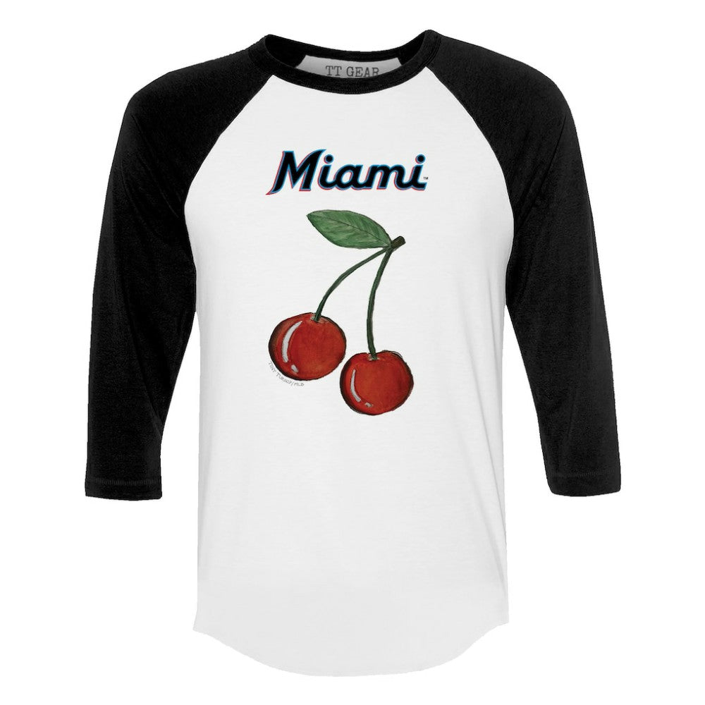 White Miami Marlins Tiny Turnip Women's Cherries 3/4-Sleeve Raglan Baseball T-Shirt