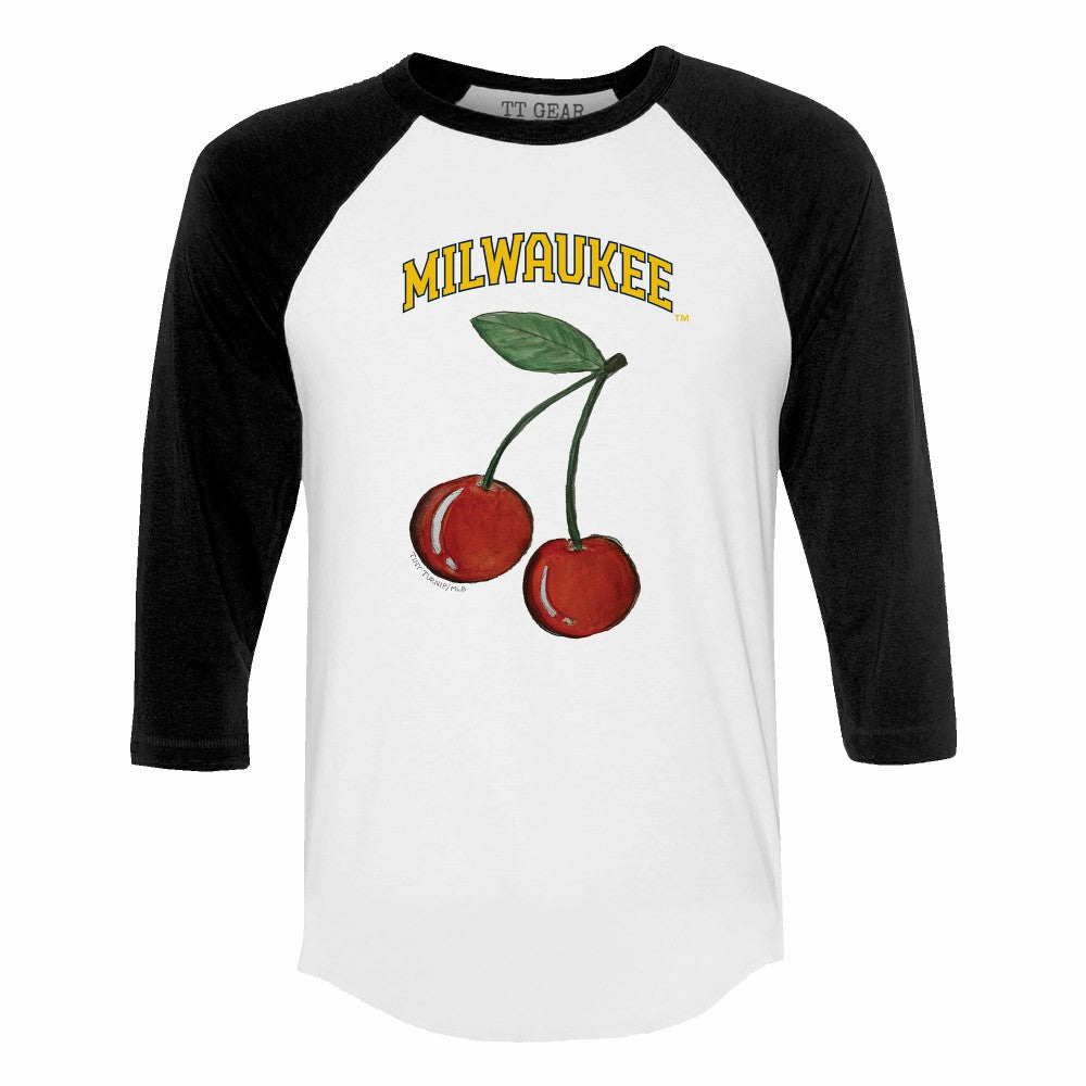 White Milwaukee Brewers Tiny Turnip Women's Cherries 3/4-Sleeve Raglan Baseball T-Shirt