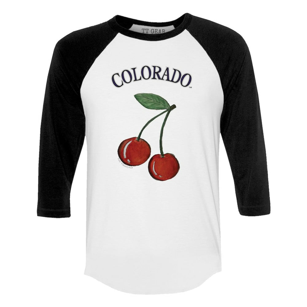 White Colorado Rockies Tiny Turnip Women's Cherries 3/4-Sleeve Raglan Baseball T-Shirt