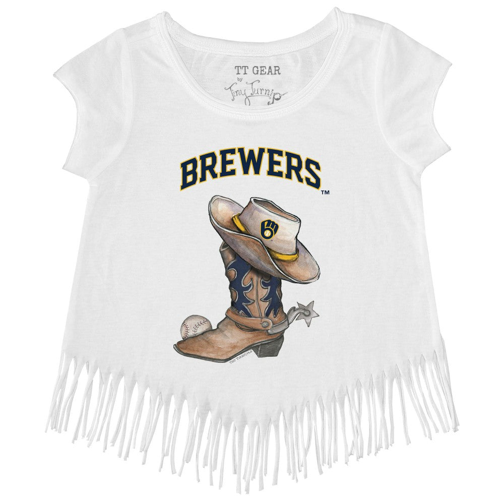 White Milwaukee Brewers Tiny Turnip Girls Youth Cowboy Boot Fringe T-Shirt