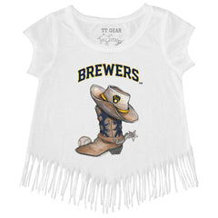White Milwaukee Brewers Tiny Turnip Girls Youth Cowboy Boot Fringe T-Shirt