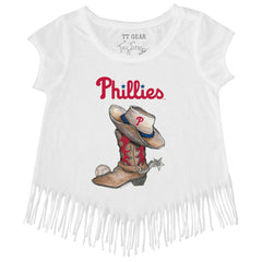 White Philadelphia Phillies Tiny Turnip Girls Youth Cowboy Boot Fringe T-Shirt