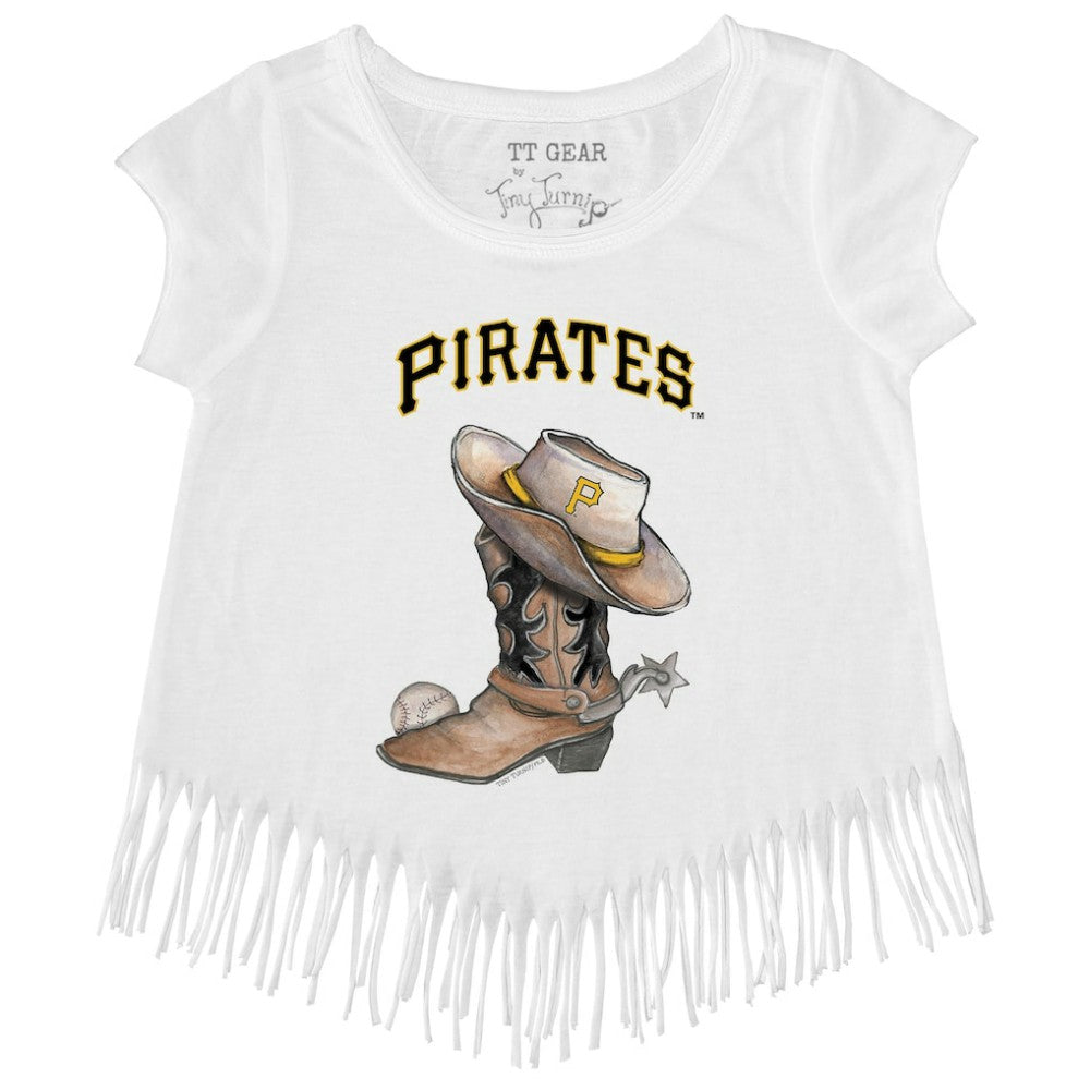 White Pittsburgh Pirates Tiny Turnip Girls Youth Cowboy Boot Fringe T-Shirt