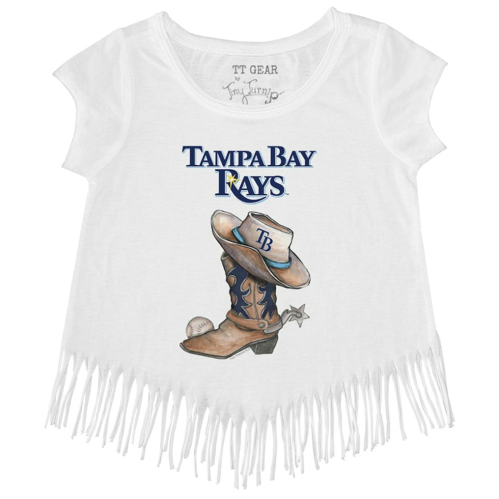White Tampa Bay Rays Tiny Turnip Girls Youth Cowboy Boot Fringe T-Shirt