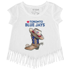 White Toronto Blue Jays Tiny Turnip Girls Youth Cowboy Boot Fringe T-Shirt