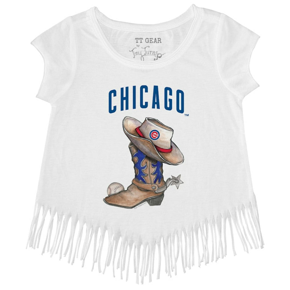 White Chicago Cubs Tiny Turnip Girls Youth Cowboy Boot Fringe T-Shirt