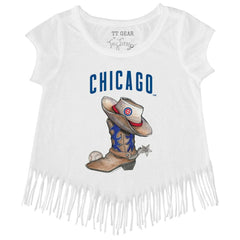 White Chicago Cubs Tiny Turnip Girls Youth Cowboy Boot Fringe T-Shirt