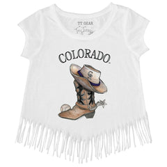 White Colorado Rockies Tiny Turnip Girls Youth Cowboy Boot Fringe T-Shirt