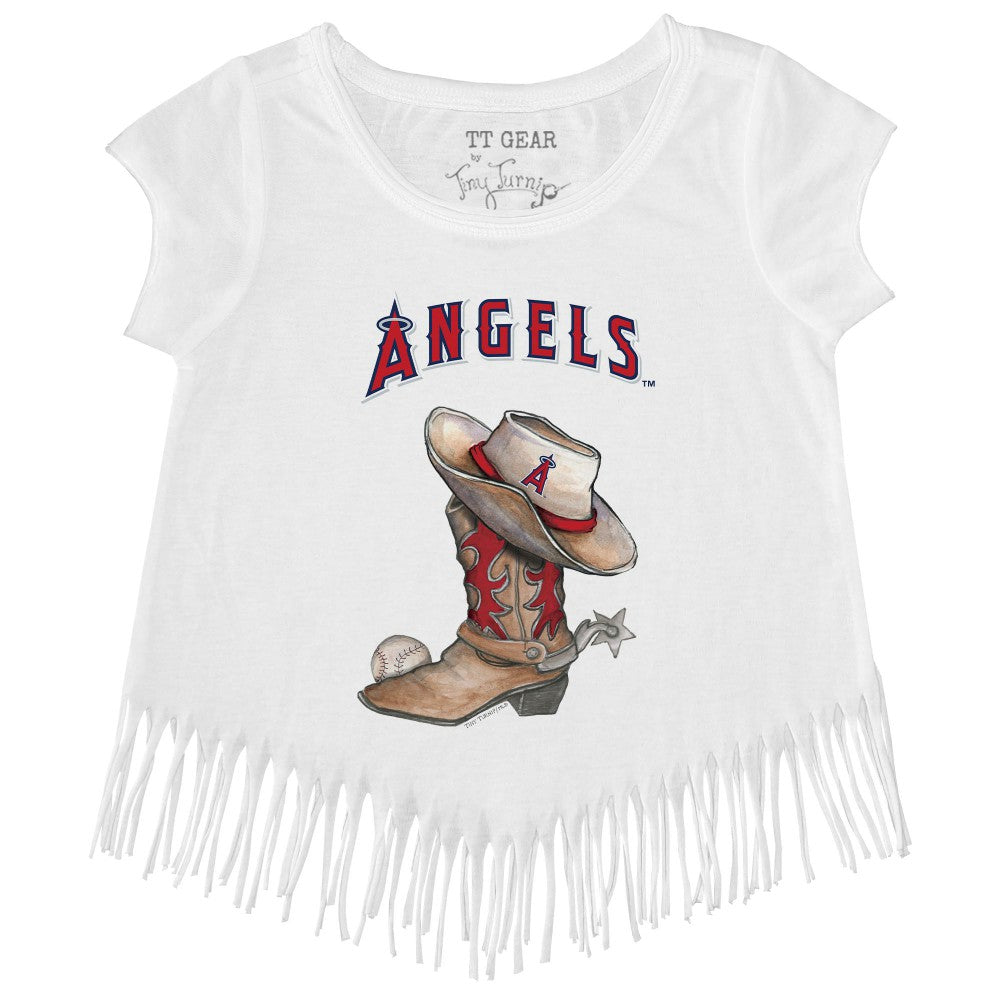 White Los Angeles Angels Tiny Turnip Girls Youth Cowboy Boot Fringe T-Shirt