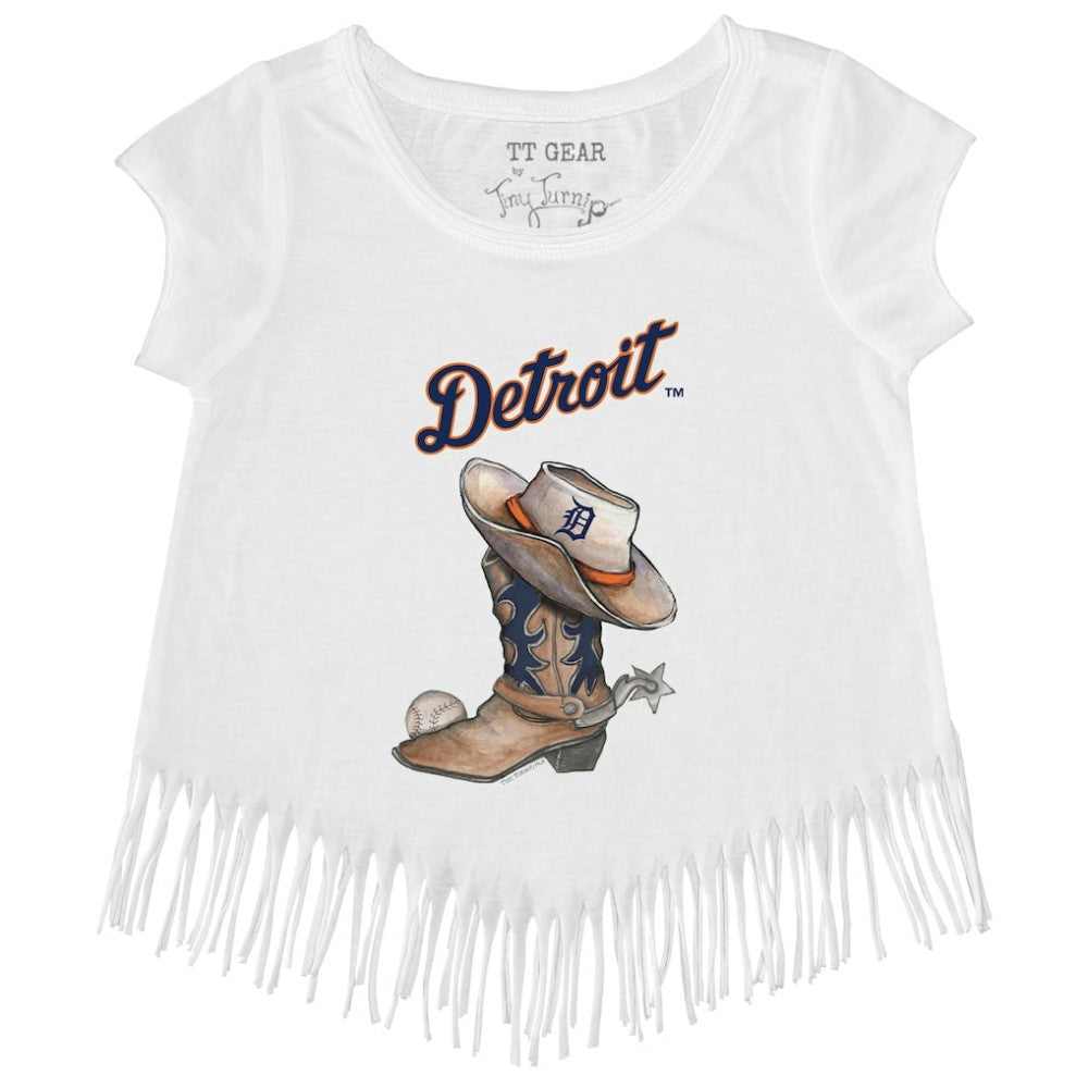 White Detroit Tigers Tiny Turnip Girls Youth Cowboy Boot Fringe T-Shirt