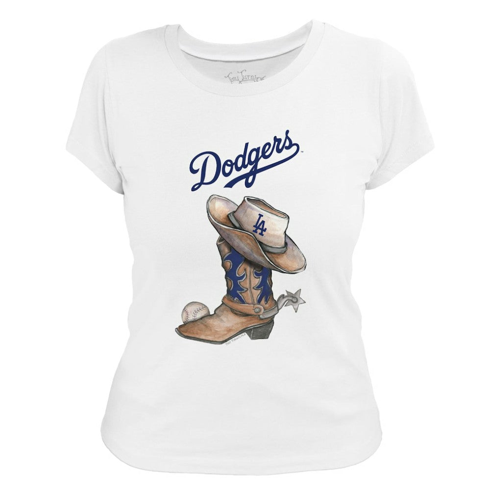 White Los Angeles Dodgers Tiny Turnip Women's Cowboy Boot T-Shirt
