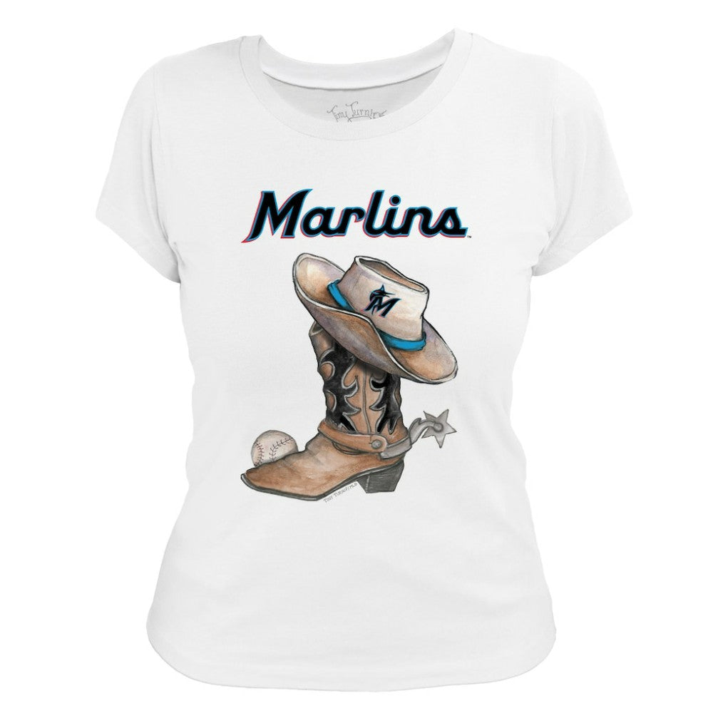 White Miami Marlins Tiny Turnip Women's Cowboy Boot T-Shirt