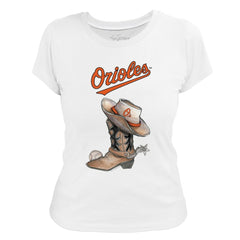 White Baltimore Orioles Tiny Turnip Women's Cowboy Boot T-Shirt