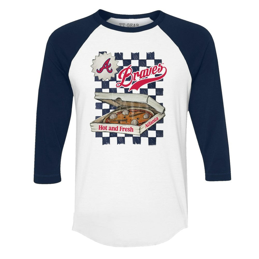 White/Navy Atlanta Braves Tiny Turnip Women's Pizza 3/4-Sleeve Raglan Baseball T-Shirt