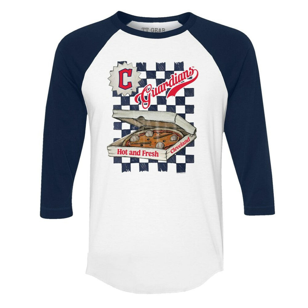 White/Navy Cleveland Guardians Tiny Turnip Women's Pizza 3/4-Sleeve Raglan Baseball T-Shirt