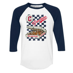 White/Navy Cleveland Guardians Tiny Turnip Women's Pizza 3/4-Sleeve Raglan Baseball T-Shirt