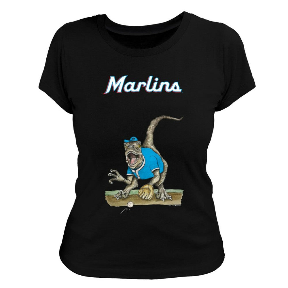 Black Miami Marlins Tiny Turnip Women's Velociraptor T-Shirt